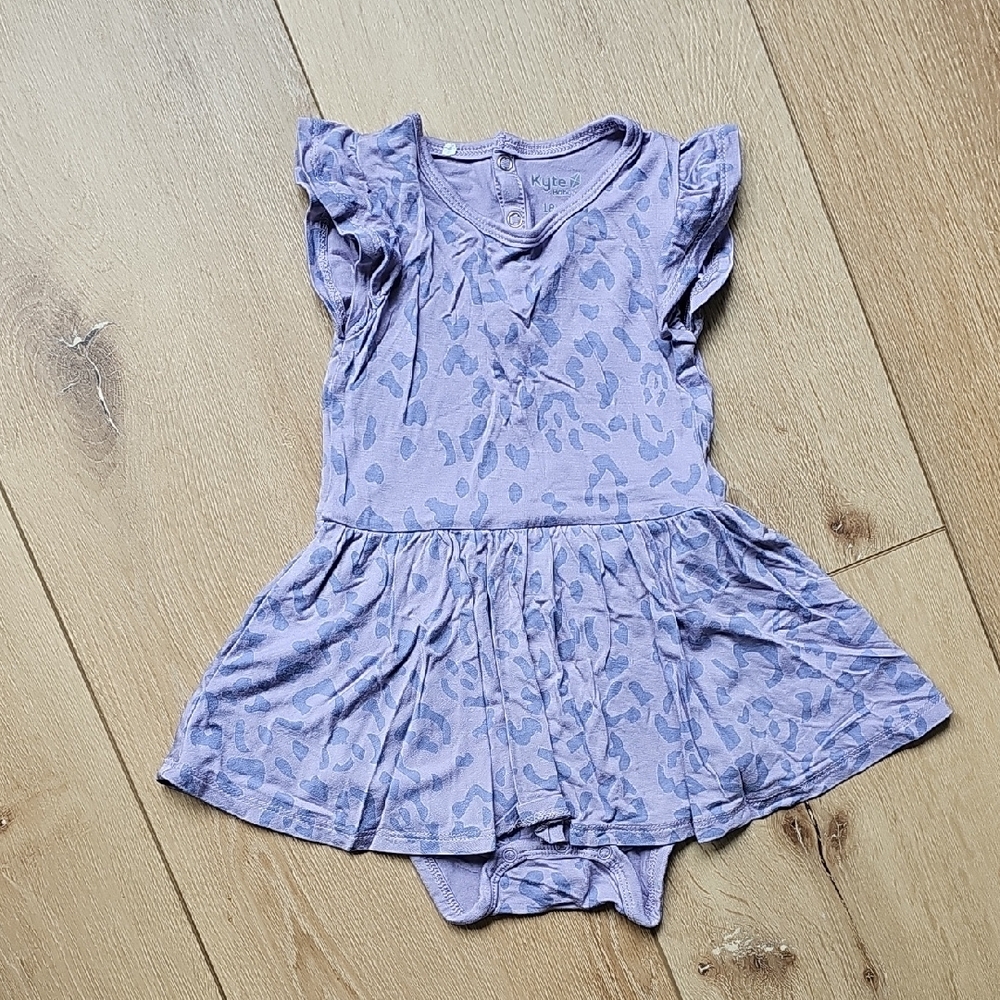 Kyte Baby Purple Leopard Twirl Bodysuit Dress with Ruffle Sleeves